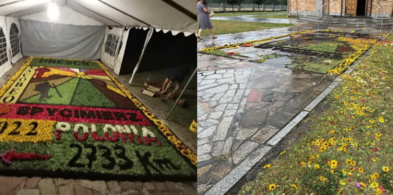 Prawdziwa sztuka ulotna w Spycimierzu. Ułożono kwietny obraz, który zniszczył wiatr i deszcz